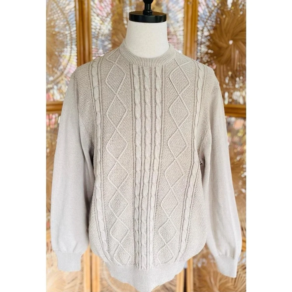 David Taylor Tan Cotton Cable Knit Fisherman Style Pullover Crewneck Sweater XL